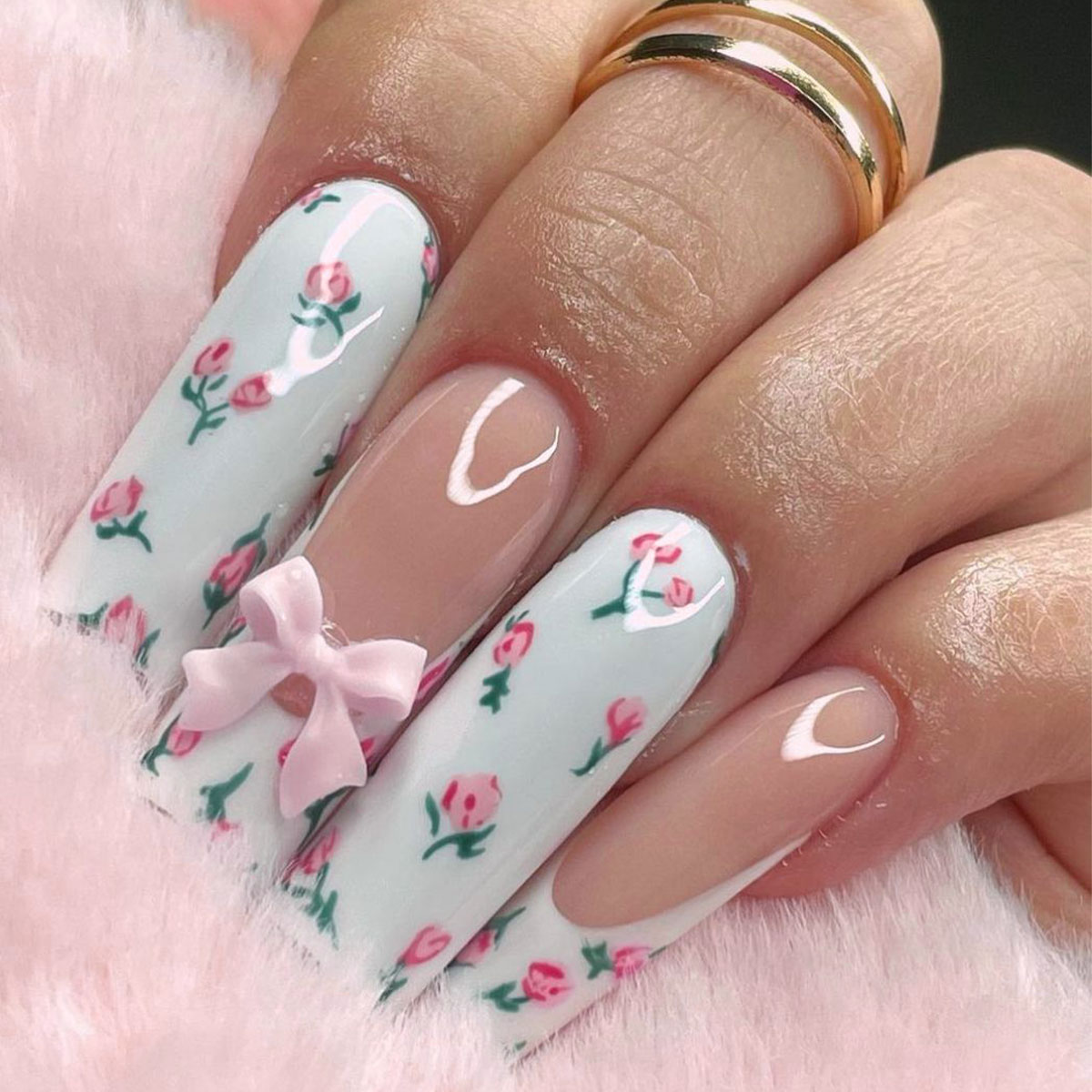 Pressed Flower Art - Long Tubular False Nails with Bow