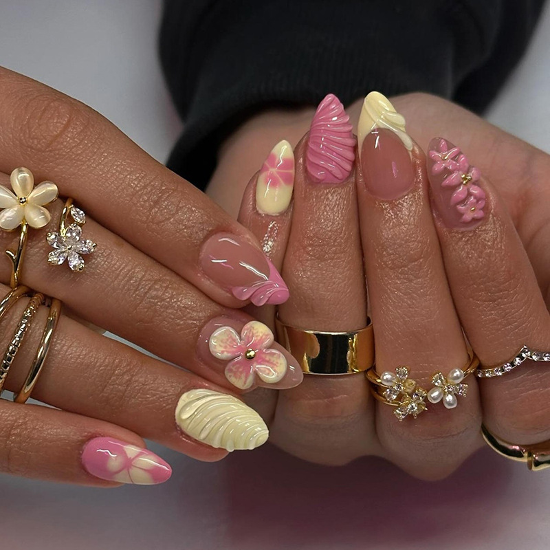 Almond Press on Nails Pink Cre - Pressed Flower Art recension och pris